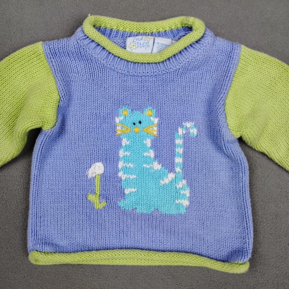 Vintage Knit Kitty Cat Sweater Baby 18 Months Purple Green Cotton Cute Roll Neck - Picture 2 of 8
